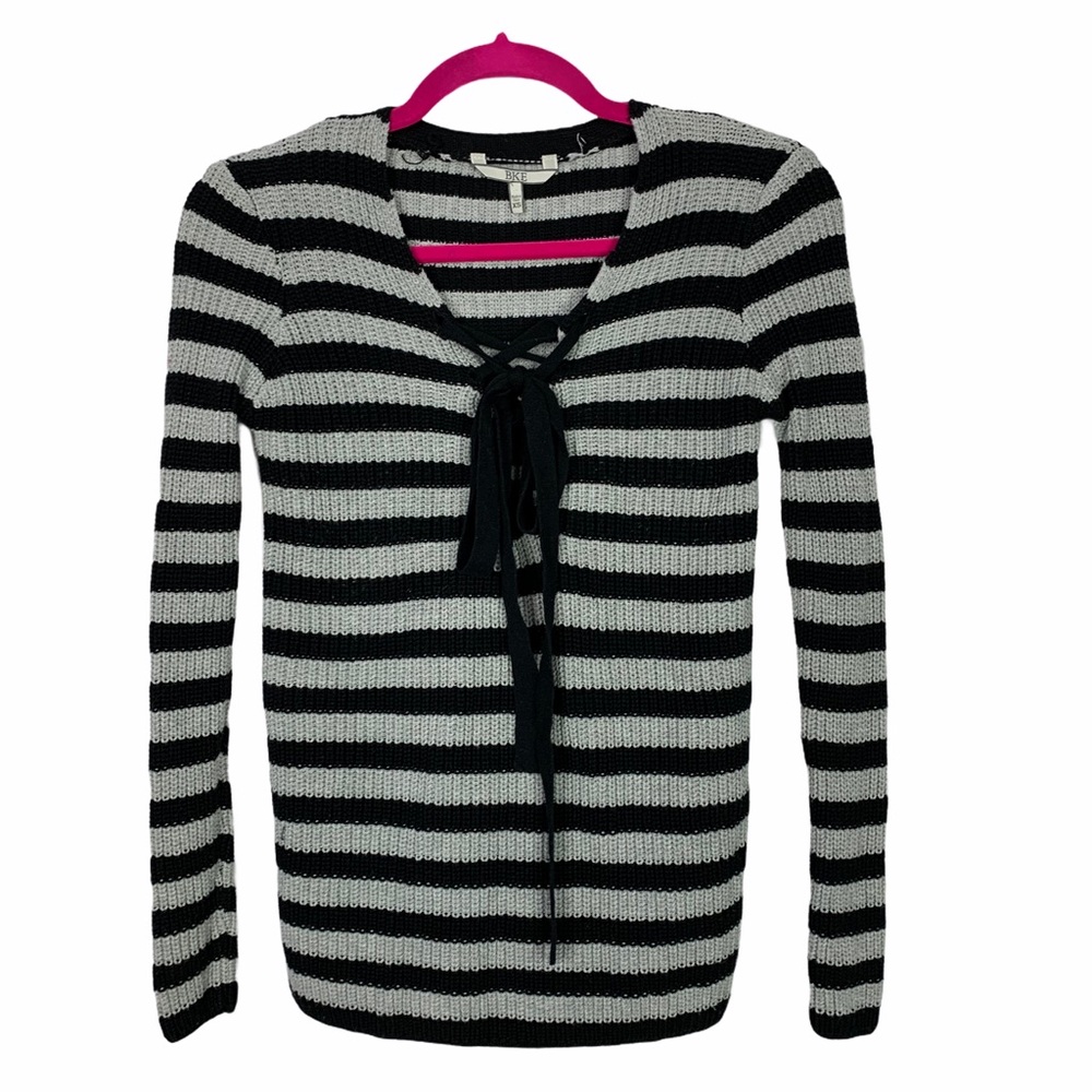 BKE Striped Lace Up Bust Knit Long Sleeve Sweater